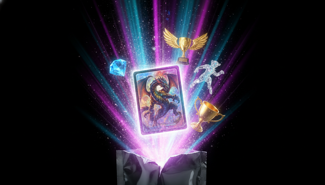A collectible pack bursting open with light, revealing a rare holographic card and 3D collectibles
